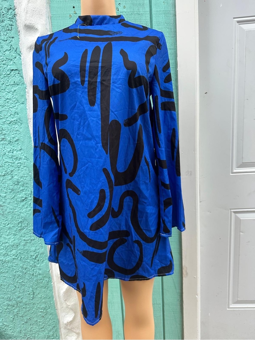 Royal Blue & Black Abstract Line Stand Collar Lantern Sleeve Mini Dress